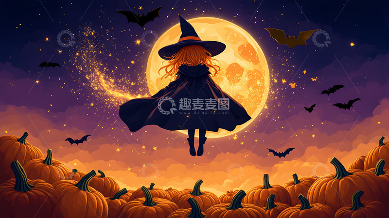 高清大图下载【趣麦麦图】创意卡通手绘万圣节魔女插画2