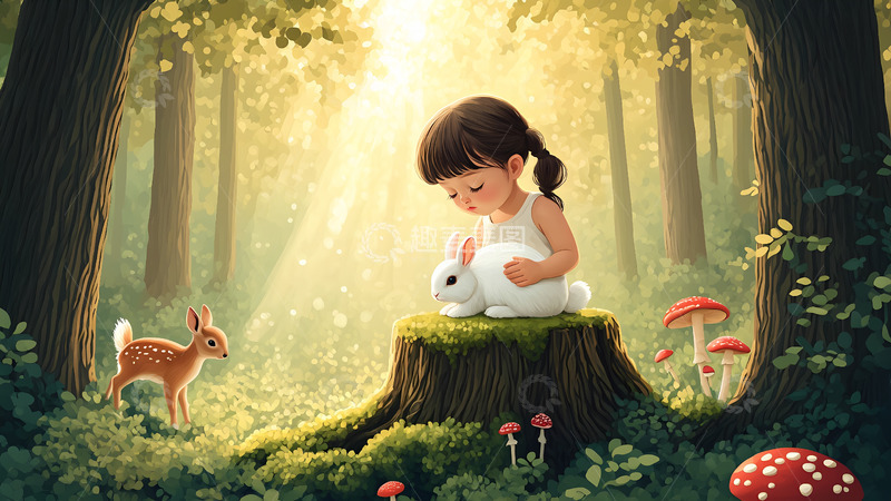 高清大图下载【趣麦麦图】创意卡通手绘森林里的女孩插画1