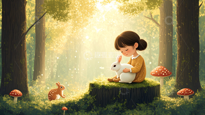 高清大图下载【趣麦麦图】创意卡通手绘森林里的女孩插画