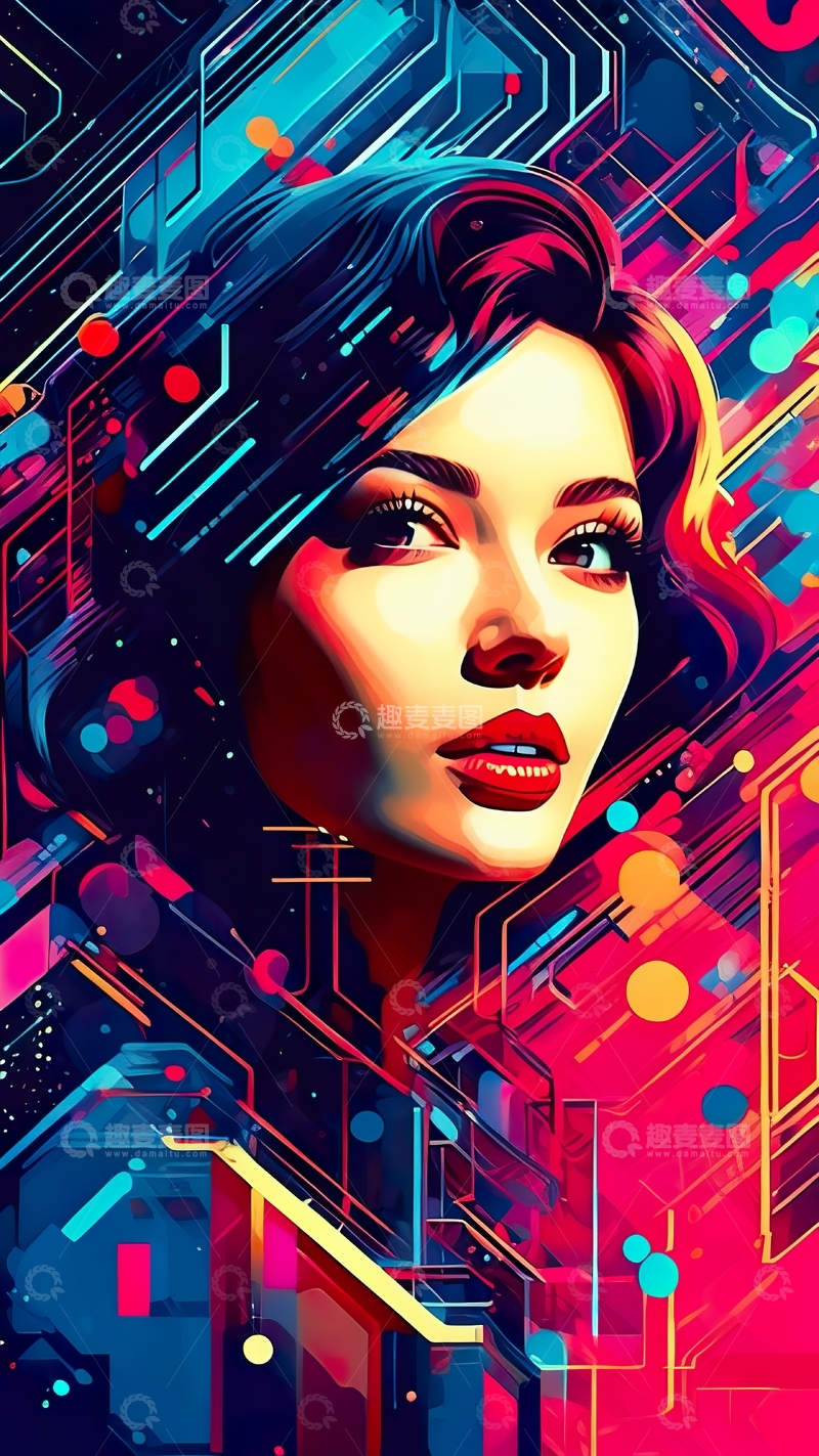 高清大图下载【趣麦麦图】赛博朋克抽象女性数字肖像科幻插画27