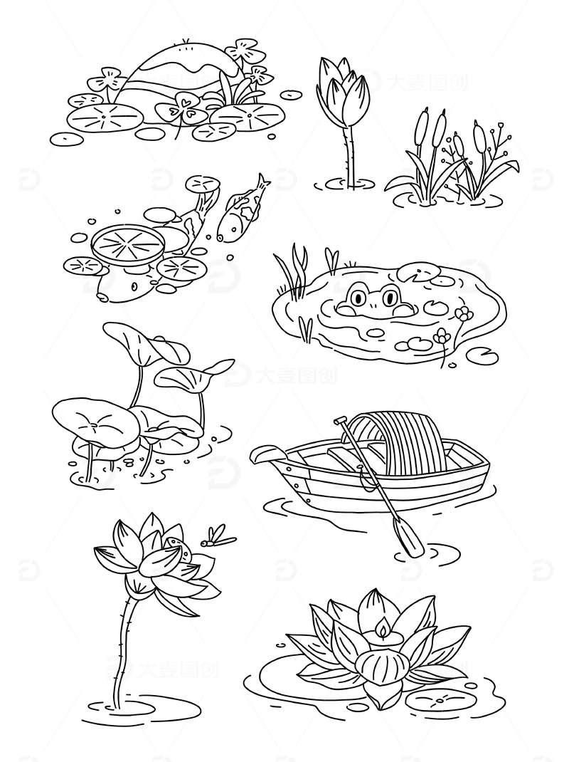 手绘线条夏日池塘风景免扣素材套图