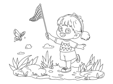 手绘线条女孩春游捉蝴蝶免扣素材套图