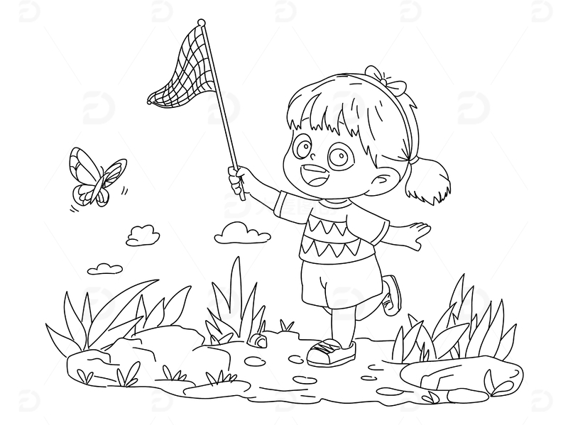 手绘线条女孩春游捉蝴蝶免扣素材套图
