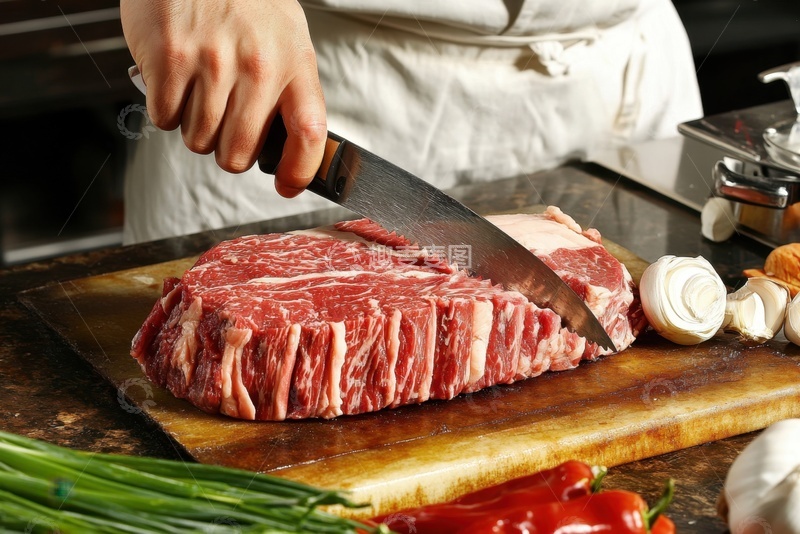 高清大图下载【趣麦麦图】厨师拿着刀切牛肉块1