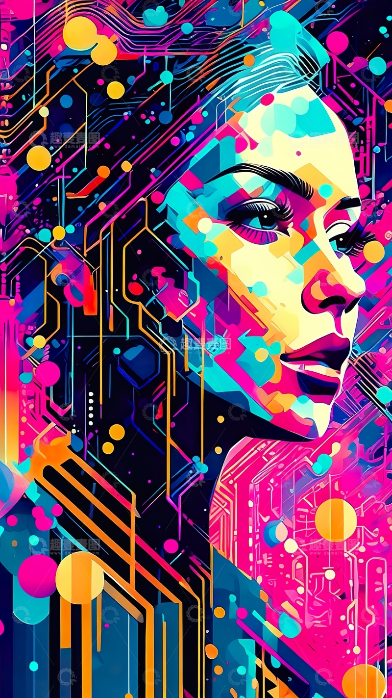 高清大图下载【趣麦麦图】赛博朋克抽象女性数字肖像科幻插画23