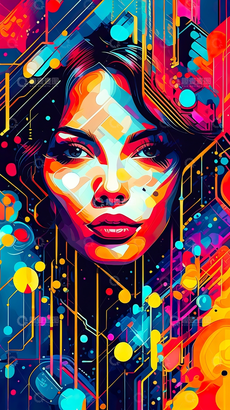 高清大图下载【趣麦麦图】赛博朋克抽象女性数字肖像科幻插画14