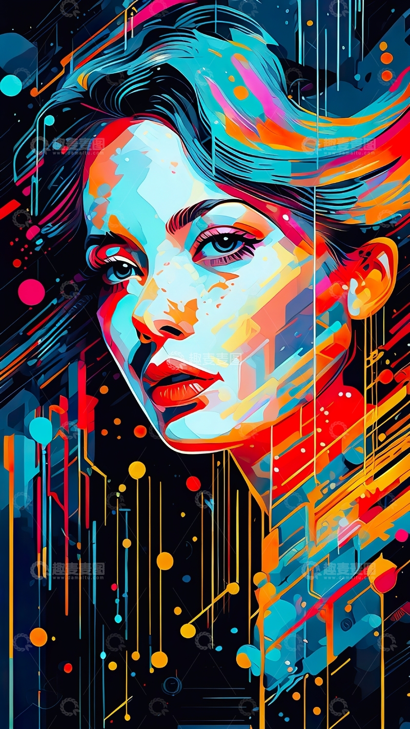 高清大图下载【趣麦麦图】赛博朋克抽象女性数字肖像科幻插画1
