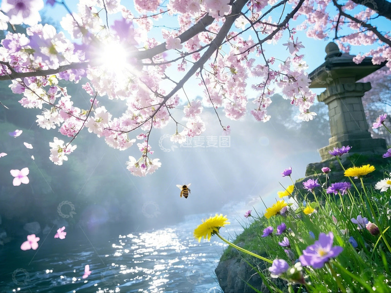 高清大图下载【趣麦麦图】-春日花树下蜜蜂飞舞