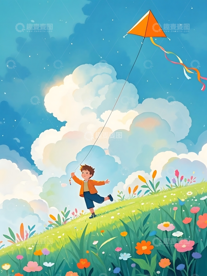 高清大图下载【趣麦麦图】清新小男孩在户外放风筝插图