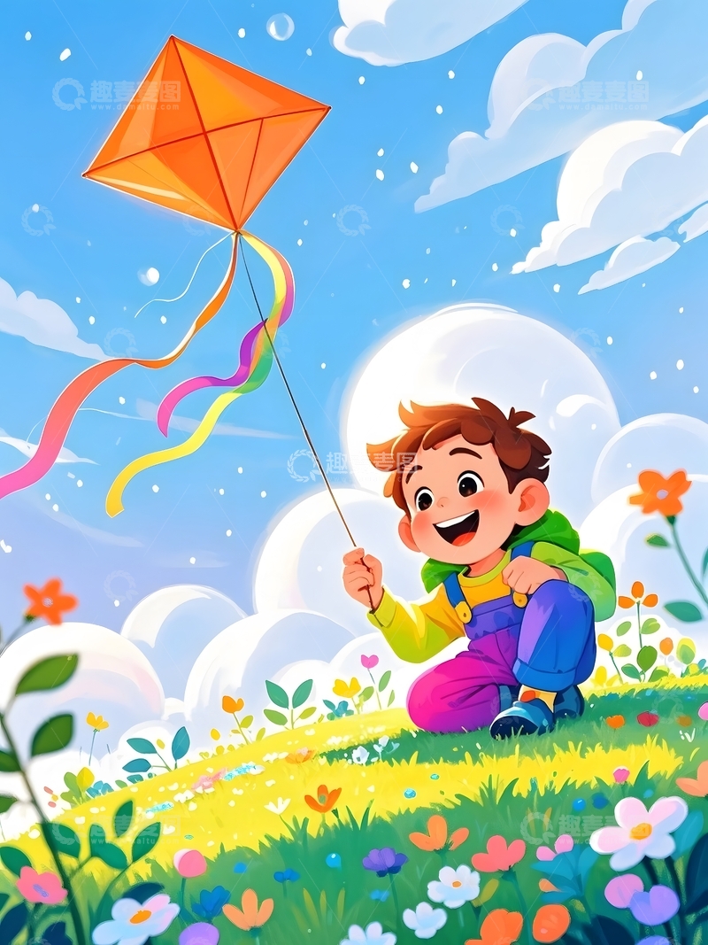 高清大图下载【趣麦麦图】清新小男孩在户外放风筝插图2