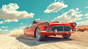 红色经典老爷车疾驰沙漠