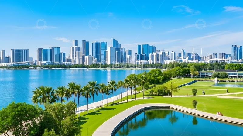 高清大图下载【趣麦麦图】 晴朗天气下的城市公园景观1