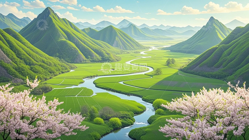 高清大图下载【趣麦麦图】世外桃源，绿野流水
