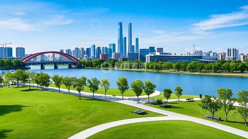 高清大图下载【趣麦麦图】 晴朗天气下的城市公园景观5