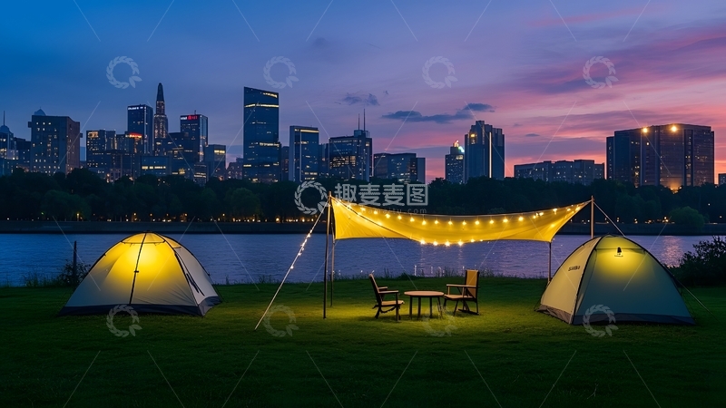 高清大图下载【趣麦麦图】夜晚在城市高楼前的公园草坪上露营2