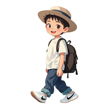 戴着帽子背着书包走路的小男孩