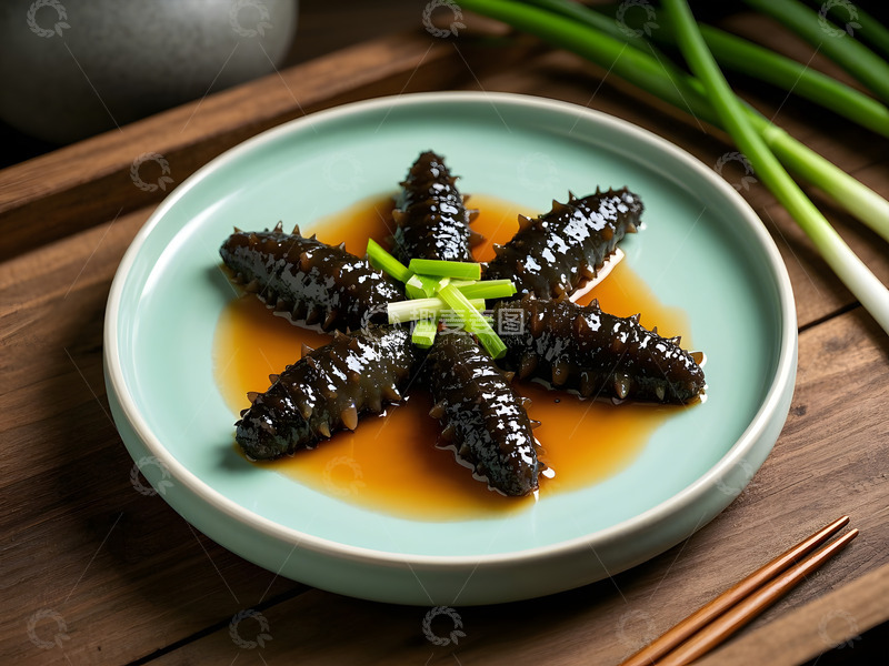 高清大图下载【趣麦麦图】酱色流光映翠鲜&middot;葱烧海参静物摄影