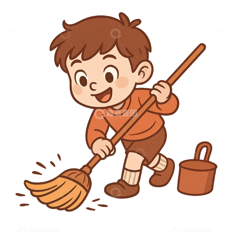 高清大图下载【趣麦麦图】五一劳动节扫地小男孩卡通插画素材
