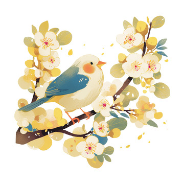 春天春季小鸟与花枝免抠元素1