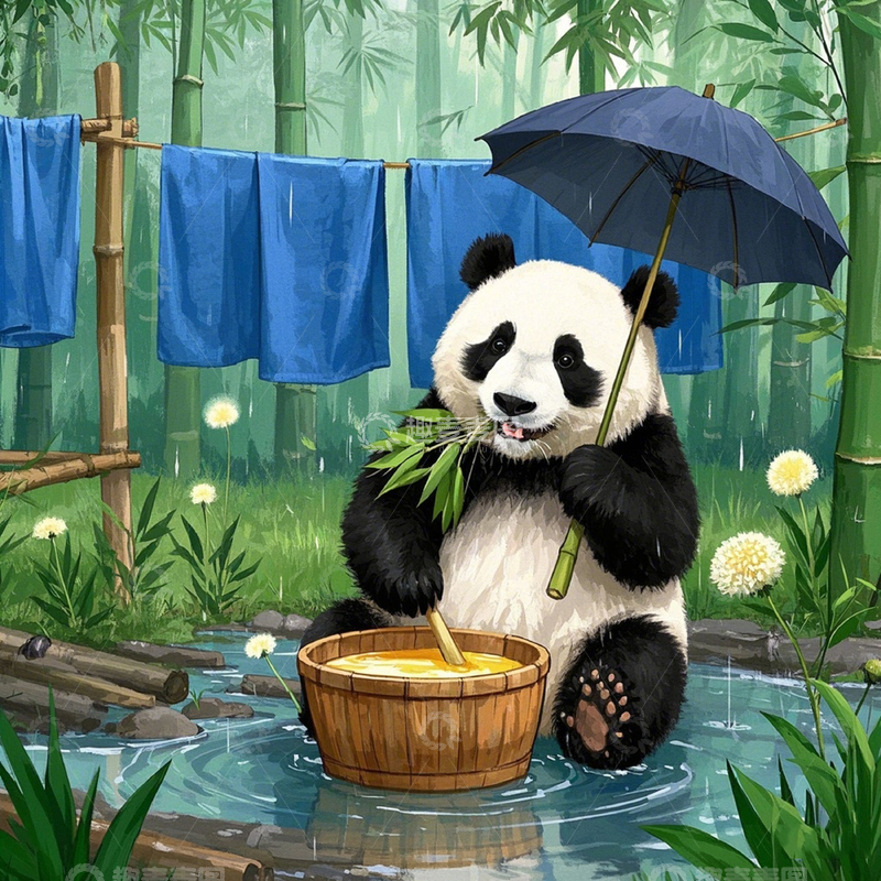 高清大图下载【趣麦麦图】熊猫戏竹-谷雨1