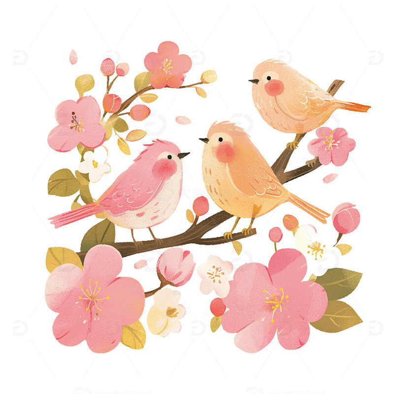 高清大图下载【趣麦麦图】春天春季小鸟与花枝免抠元素