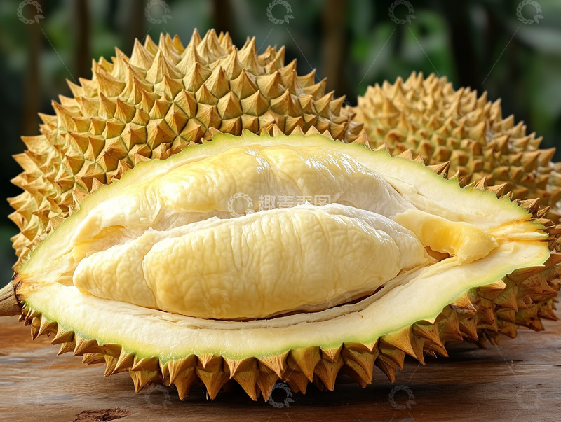 高清大图下载【趣麦麦图】木桌榴莲切开展示