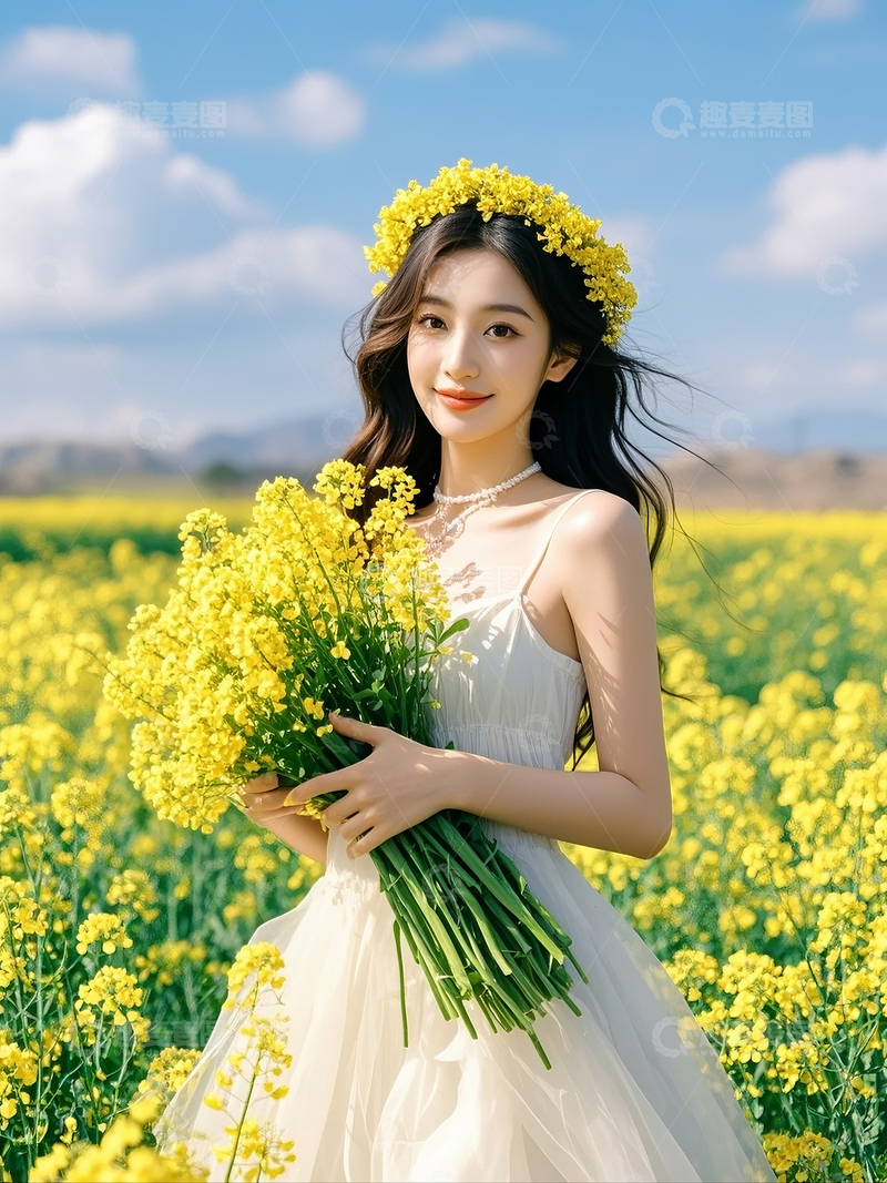 高清大图下载【趣麦麦图】-油菜花田头戴花环长发女生