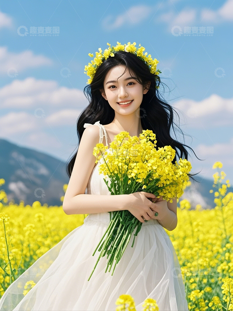 高清大图下载【趣麦麦图】-油菜花田头戴花环女生