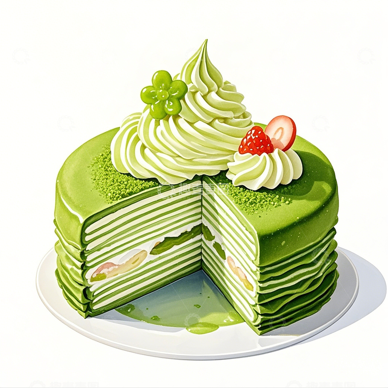 高清大图下载【趣麦麦图】手绘抹茶千层蛋糕