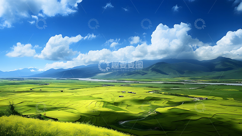 高清大图下载【趣麦麦图】蓝天白云下的大山田野