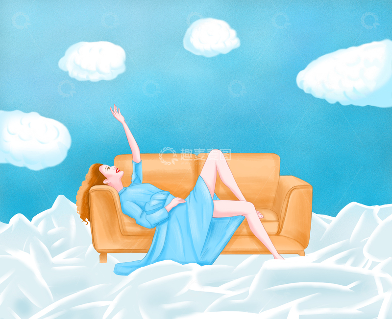 源文件下载【趣麦麦图】-躺在沙发上看云彩的女人