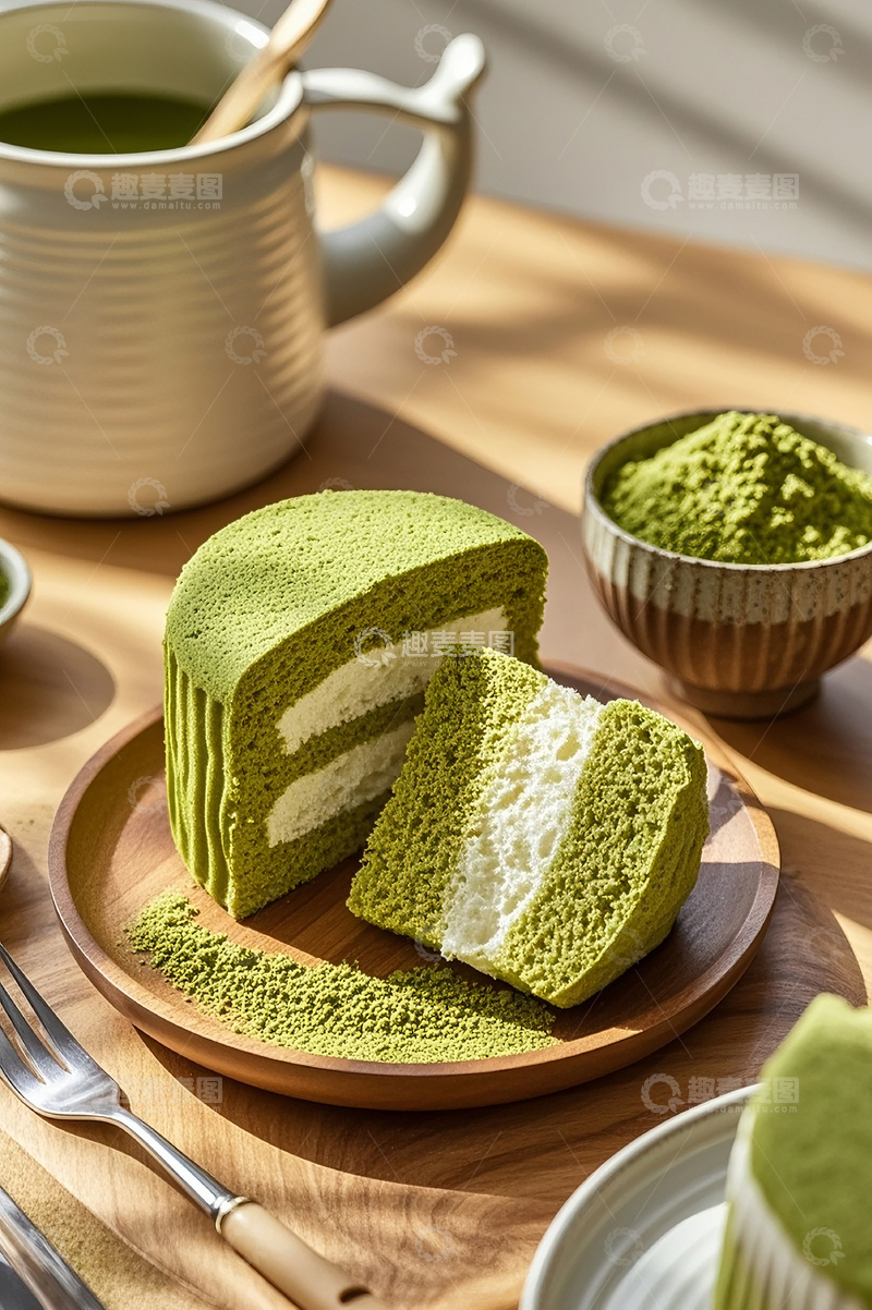 高清大图下载【趣麦麦图】-桌子上摆放着美味抹茶蛋糕1