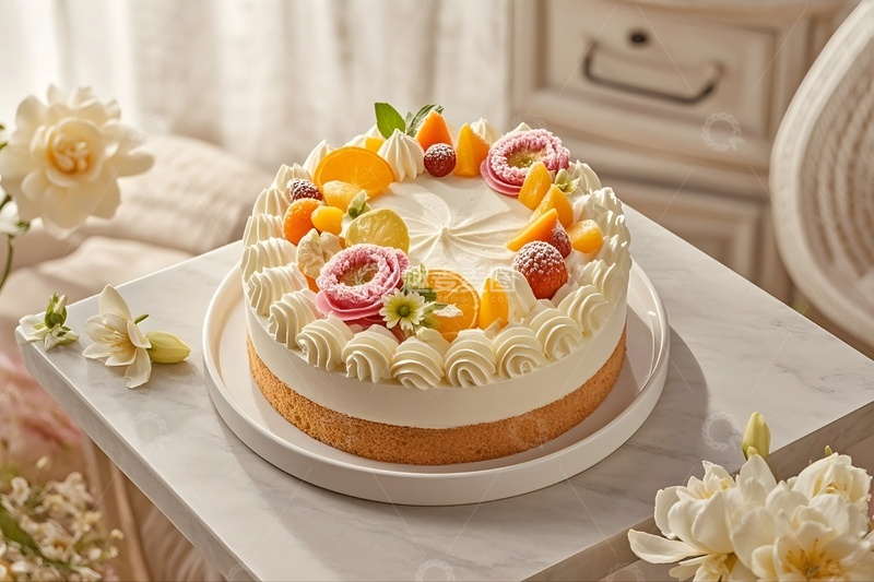高清大图下载【趣麦麦图】桌子上摆放着美味奶油蛋糕
