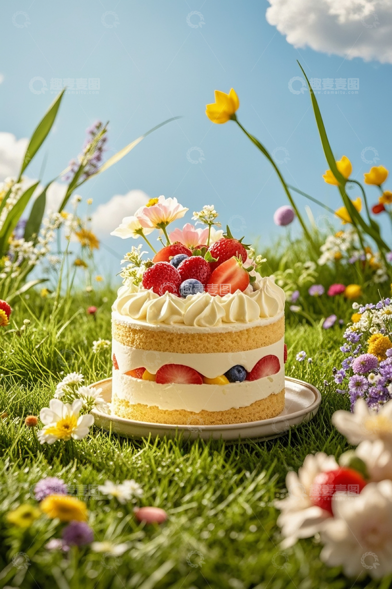 高清大图下载【趣麦麦图】草地上摆放的美味蛋糕