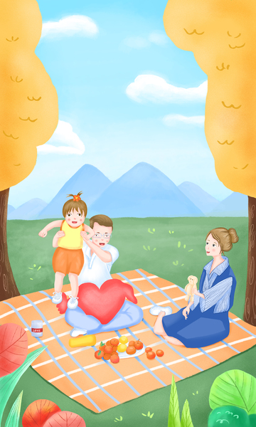 野外聚餐的一家三口