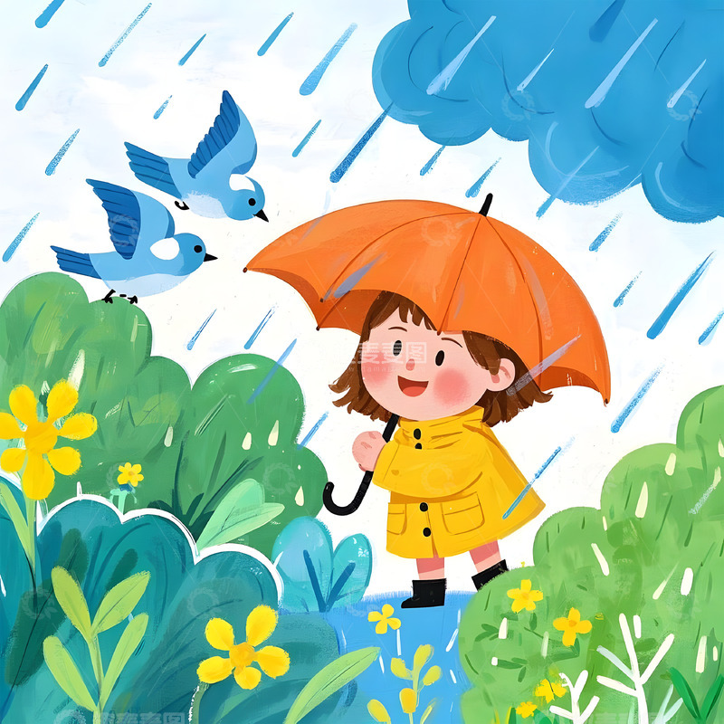 高清大图下载【趣麦麦图】-雨天可爱女孩插画