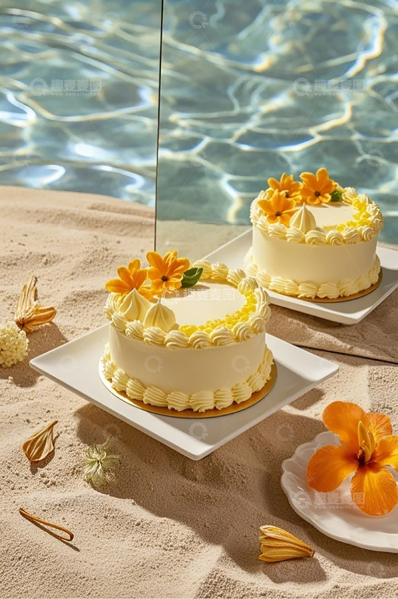 高清大图下载【趣麦麦图】-沙滩上摆放着奶油蛋糕