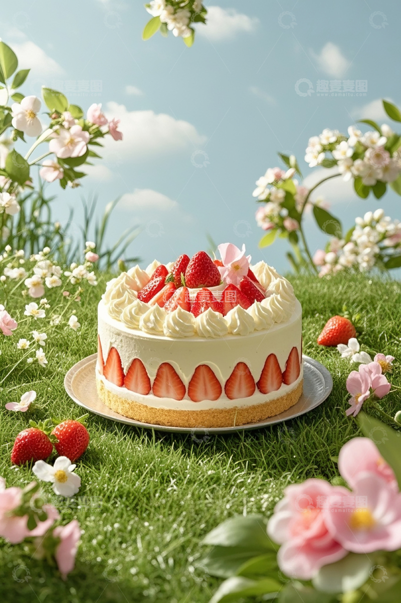 高清大图下载【趣麦麦图】草地上摆放的美味蛋糕1