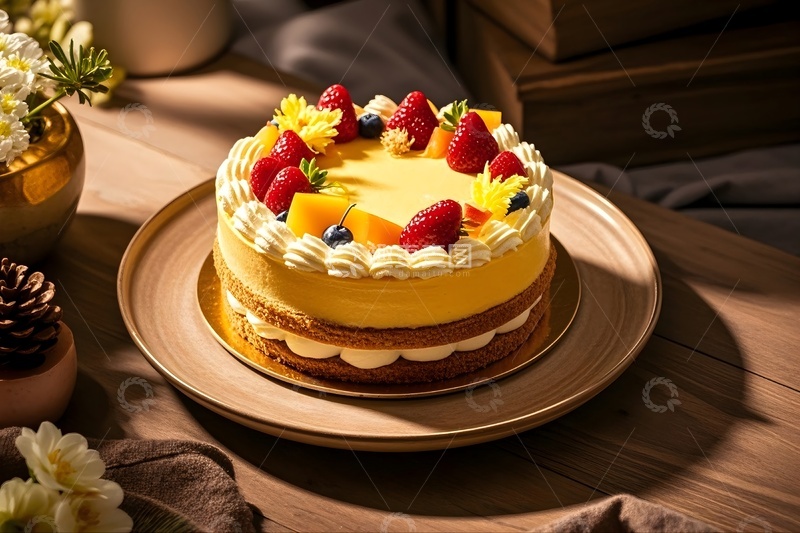 高清大图下载【趣麦麦图】桌子上摆放着美味水果奶油蛋糕