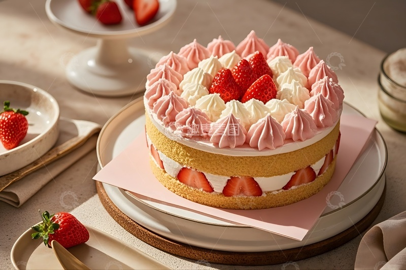 高清大图下载【趣麦麦图】桌子上摆放着草莓奶油蛋糕2