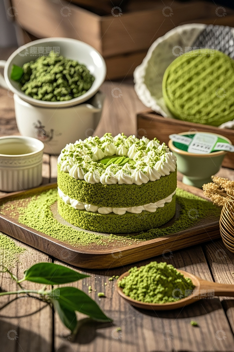 高清大图下载【趣麦麦图】桌子上摆放着美味抹茶蛋糕