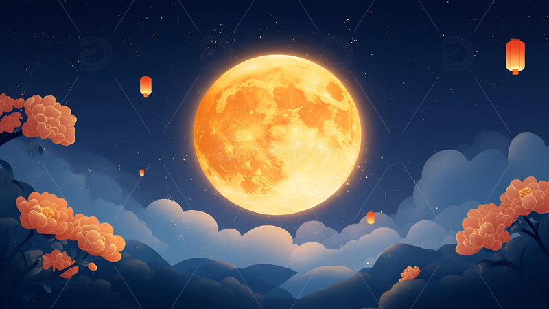 高清大图下载【趣麦麦图】创意卡通手绘月圆中秋夜晚插画1