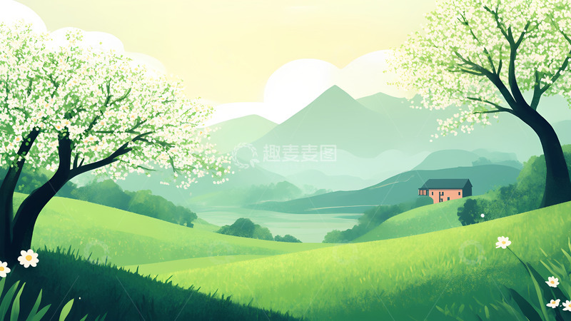 高清大图下载【趣麦麦图】创意卡通手绘春天风景插画11