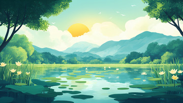 创意卡通夏天湖边的风景插画