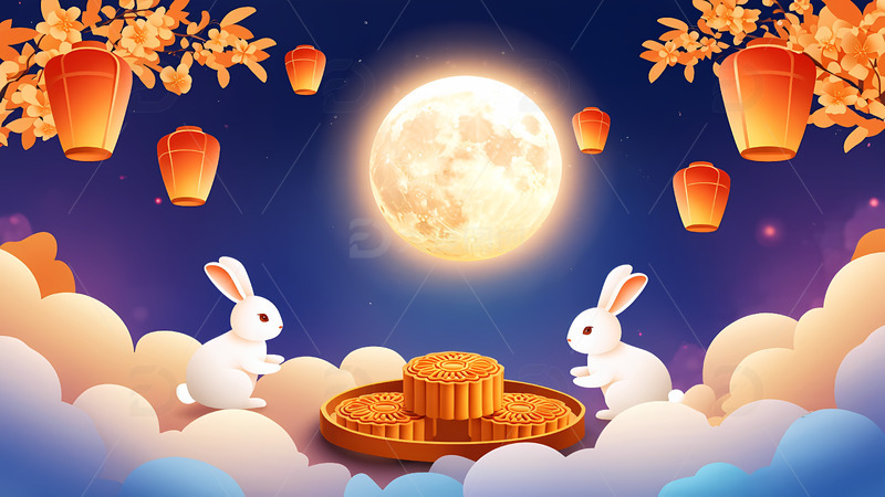 高清大图下载【趣麦麦图】创意卡通手绘玉兔中秋节插画1