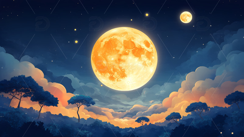 高清大图下载【趣麦麦图】创意卡通手绘月圆中秋夜晚插画