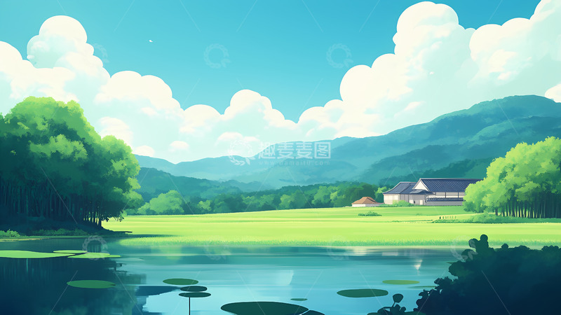 高清大图下载【趣麦麦图】创意卡通夏天湖边的风景插画1