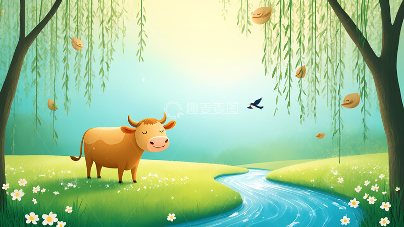 高清大图下载【趣麦麦图】创意卡通手绘春天风景插画8