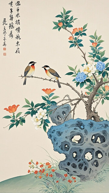 彩色中国风古风工笔画春天花鸟图1