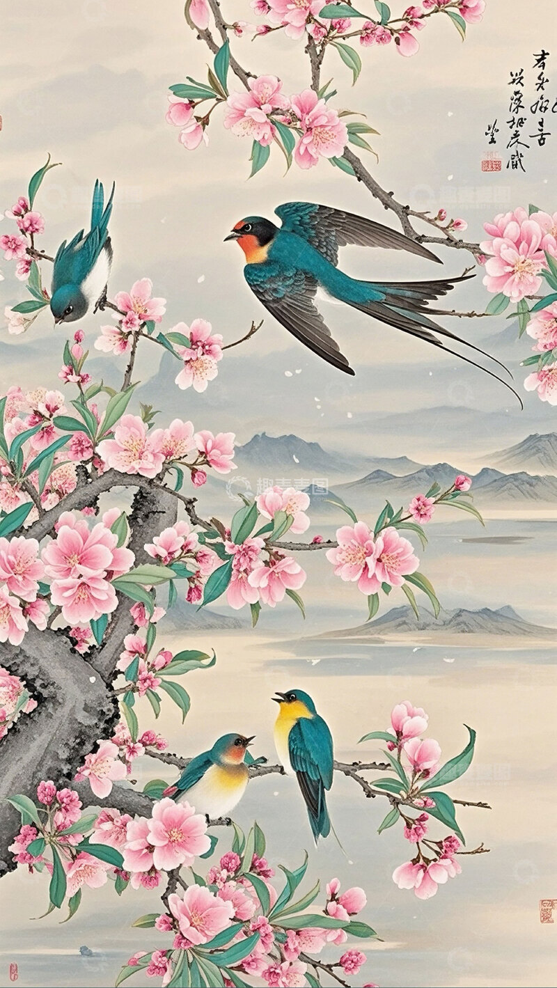 高清大图下载【趣麦麦图】彩色中国风古风工笔画春天花鸟图